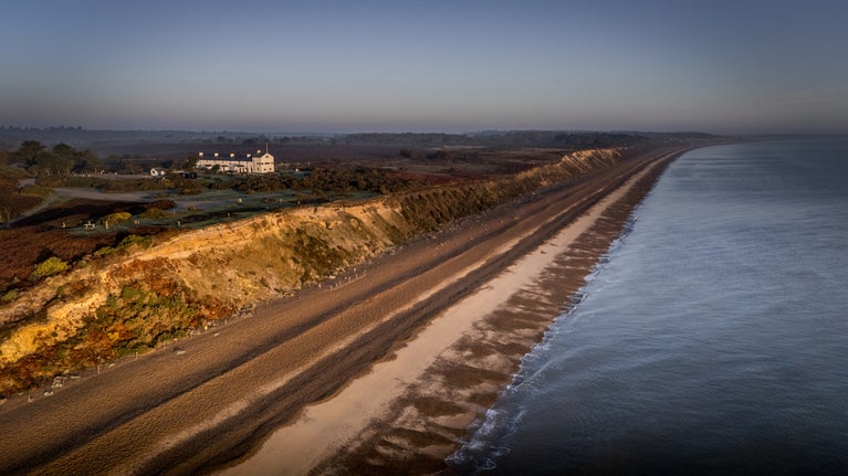 The exterior of Stonechat, Nightjar and Woodlark surrounded by Dunwich Heath and Beach, Suffolk